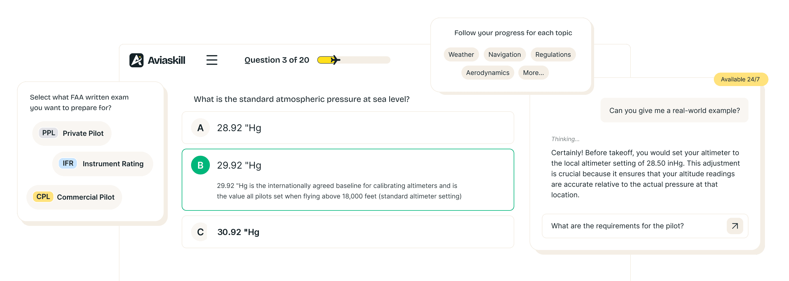 AviaSkill study interface showing practice questions with AI explanations and chat tutor